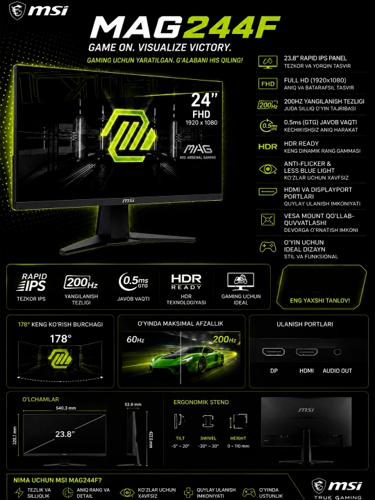 O'yin monitori MSI  MAG244F 200Hz FHD, Rapid IPS , 0.5ms 