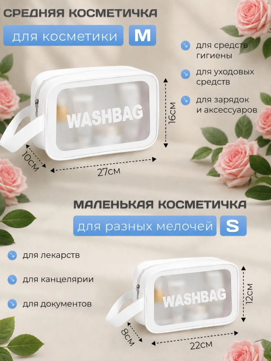 “WASHBAG” 4 xil o‘lchamli va 4 rangli suv o‘tkazmaydigan kosmetik sumkalar (PVX-neylon)