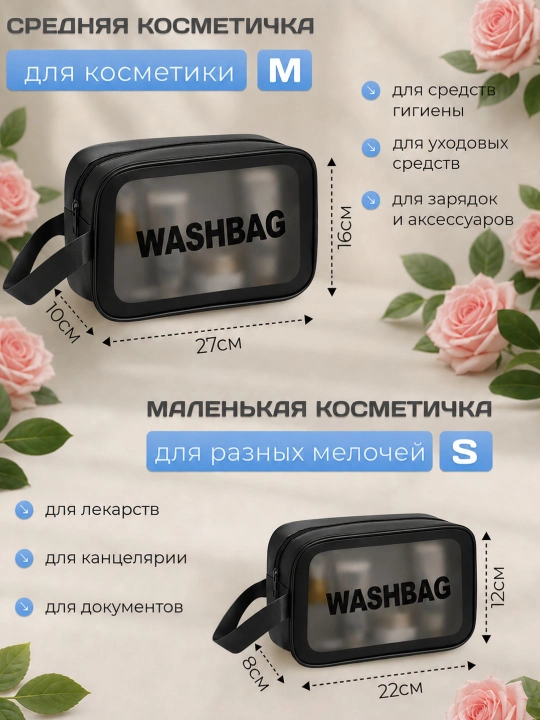 “WASHBAG” 4 xil o‘lchamli va 4 rangli suv o‘tkazmaydigan kosmetik sumkalar (PVX-neylon)