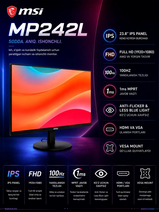 Monitor MSI MP242L 23.8" IPS Full HD 100Hz, office, o`qish, Ish uchun - 