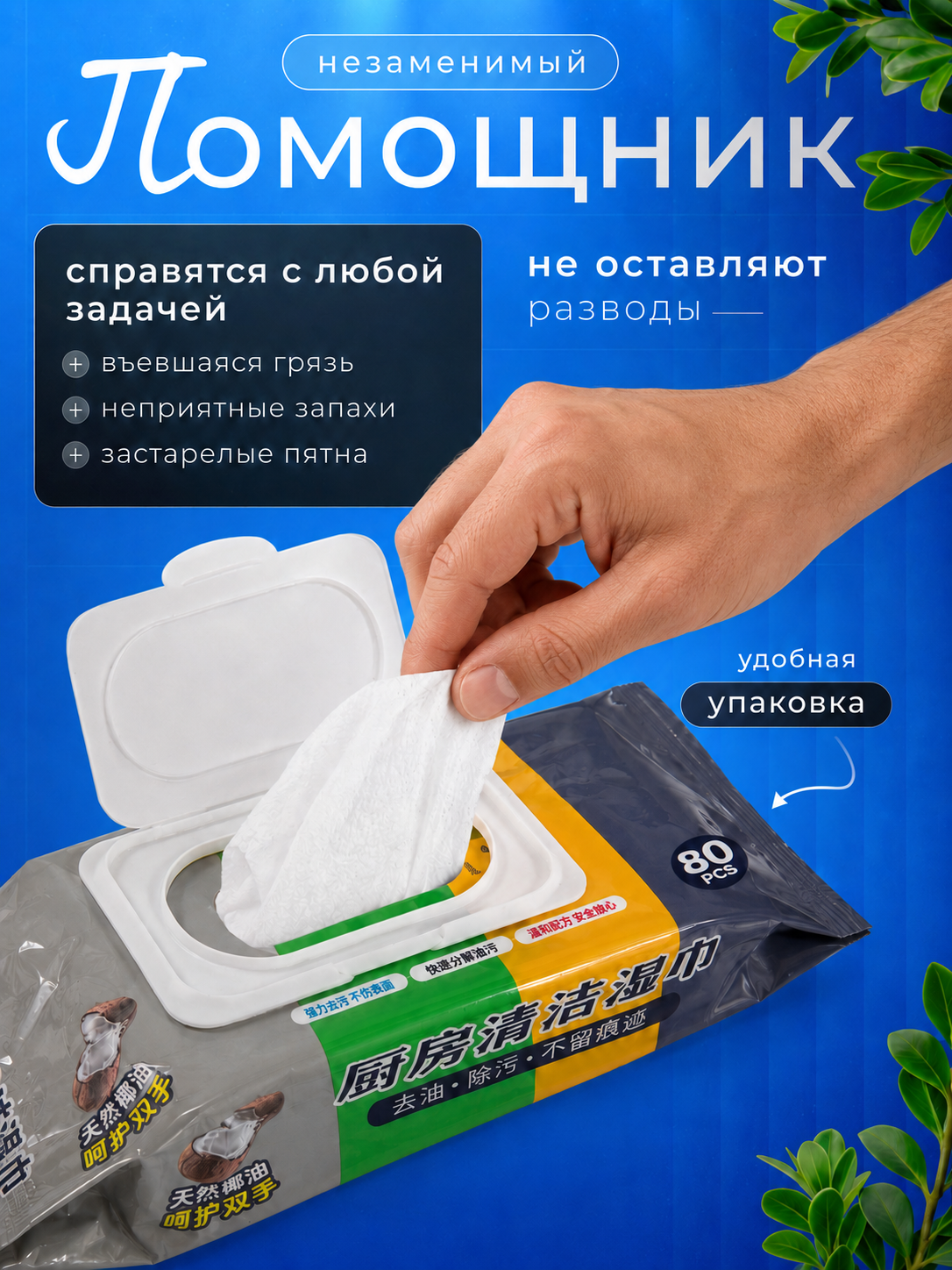 Влажные салфетки для кухни 80 шт, 20×25 см, для жира и уборки