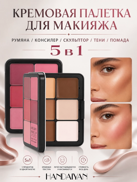 Палетка для макияжа, 5 в 1 – румяна, контуринг, консилер, тени и помада, 12 оттенков