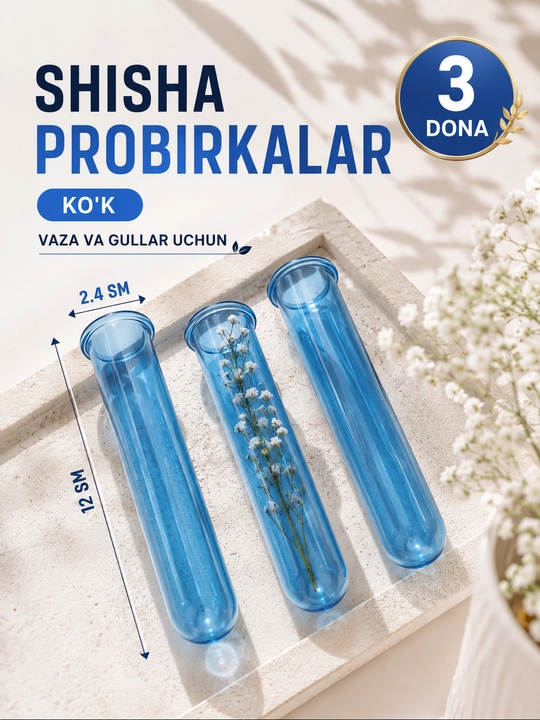 Vaza va gullar uchun shisha probirkalar, kolba, bezak uchun, 3 dona
