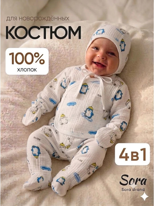 Набор из 4 муслиновых детских предметов, 0-3 мес —сочетание мягкости, безопасности и стиля