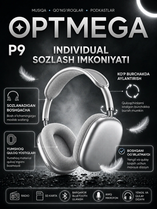 Simsiz Bluetooth P9 quloqchinlari mikrofon bilan ORGINA 100 A MAX