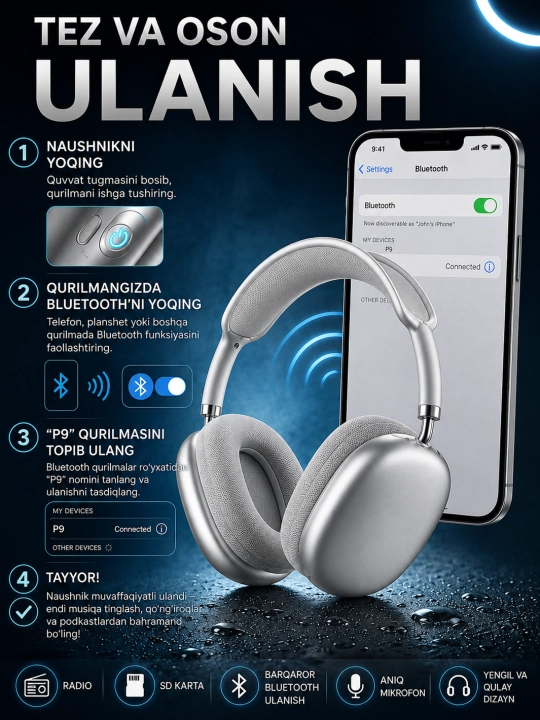 Simsiz Bluetooth P9 quloqchinlari mikrofon bilan ORGINA 100 A MAX