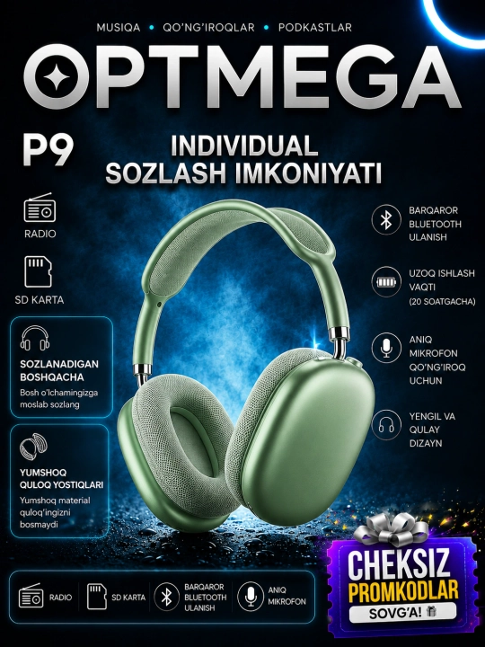 Simsiz Bluetooth P9 quloqchinlari mikrofon bilan ORGINA 100 A MAX - 