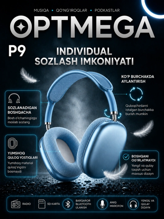 Simsiz Bluetooth P9 quloqchinlari mikrofon bilan ORGINA 100 A MAX - 