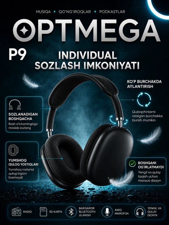 Simsiz Bluetooth P9 quloqchinlari mikrofon bilan ORGINA 100 A MAX