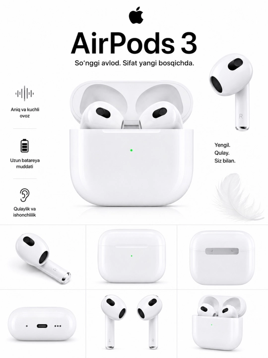 Pods 3 simsiz quloqchinlari, iPhone va Android uchun sensorli va Bluetooth - 