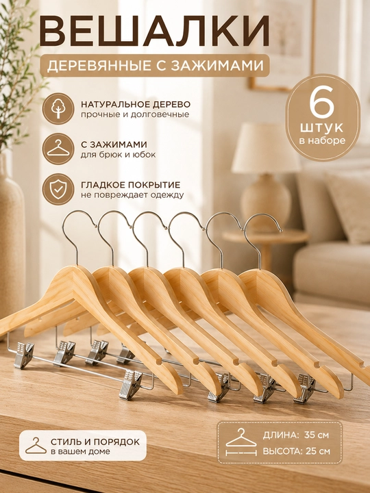 Ilgich, yog'och, shim, kiyim qisqichli, bardoshli, 45 sm, 6 dona - 