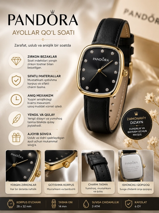 Ayollar qo'l soati Pandora uslubida, charm tasma, kvadrat korpus, zirkonli