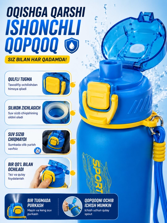 Sport suv idishi purkagichli 800 ml, fitnes butilka, suv idishlari