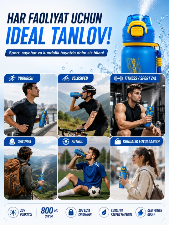 Sport suv idishi purkagichli 800 ml, fitnes butilka, suv idishlari