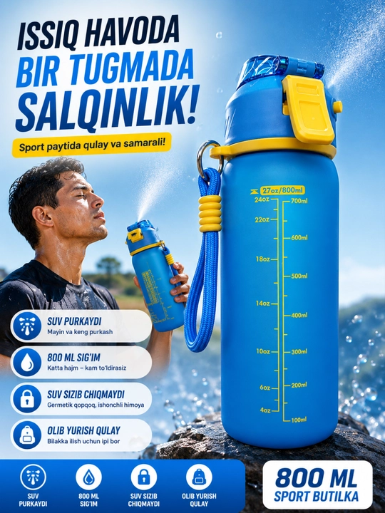 Sport suv idishi purkagichli 800 ml, fitnes butilka, suv idishlari