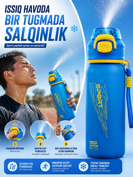 Sport suv idishi purkagichli 800 ml, fitnes butilka, suv idishlari