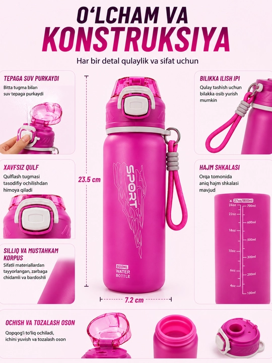 Sport suv idishi purkagichli 800 ml, fitnes butilka, suv idishlari
