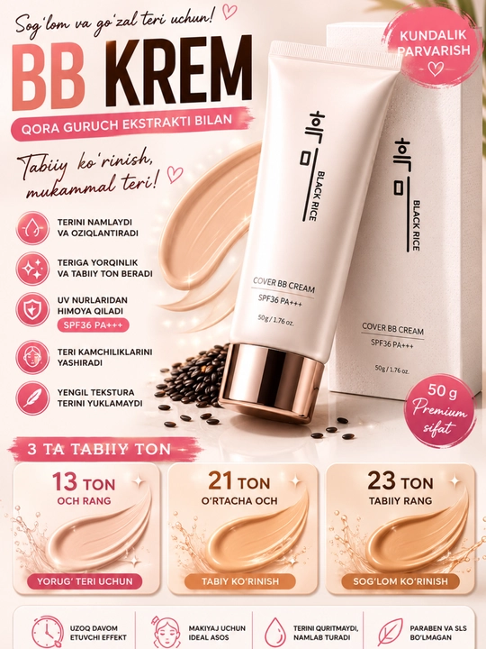 Black Rice Cover BB Cream SPF36 PA++ Tone 21 — yuz uchun BB krem, 50 g