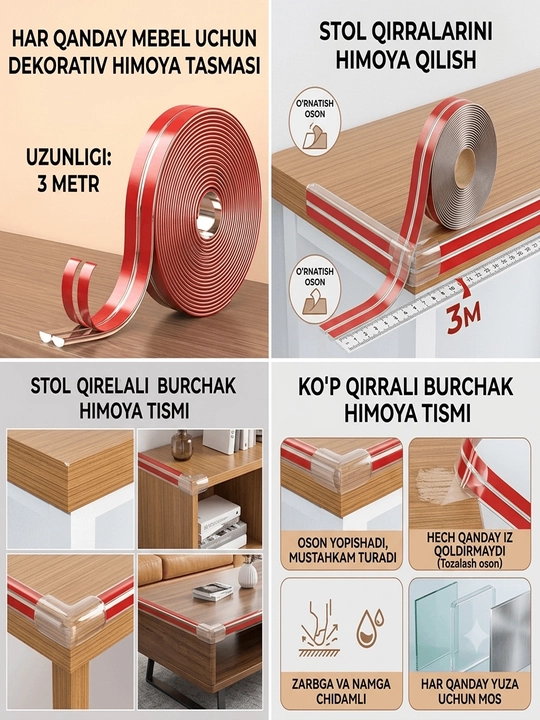 Stol va kafel qirralari uchun xavfsiz o'zi yopishadigan 3 metr uzunlikdagi slikon qoplama