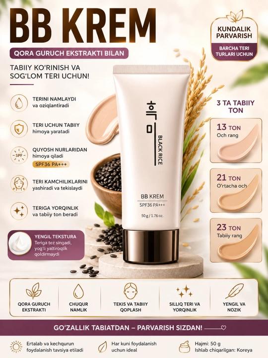 Qora guruch ekstraktli BB tonal kremi Black Rice, +36 SPF PA++, 50 gr - 