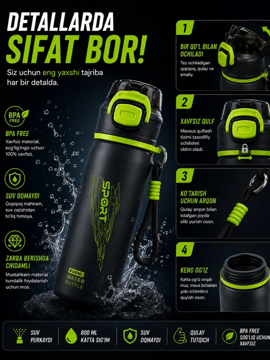 Sport suv idishi purkagichli 800 ml, fitnes butilka, suv idishlari