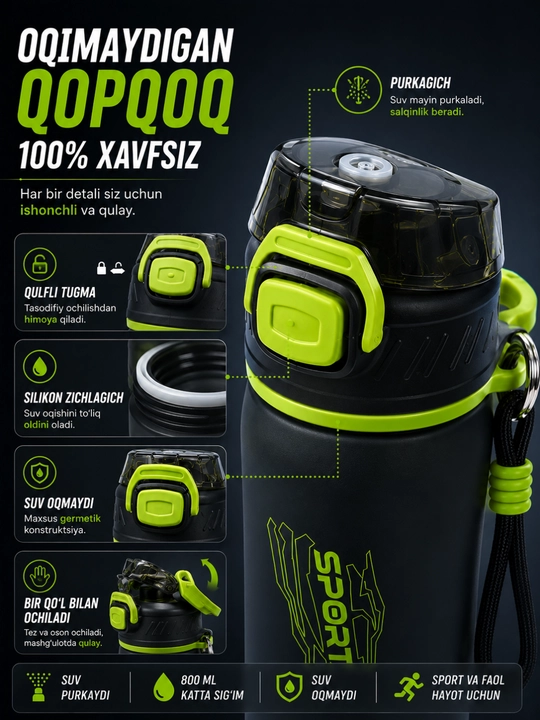 Sport suv idishi purkagichli 800 ml, fitnes butilka, suv idishlari