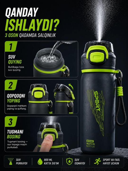 Sport suv idishi purkagichli 800 ml, fitnes butilka, suv idishlari