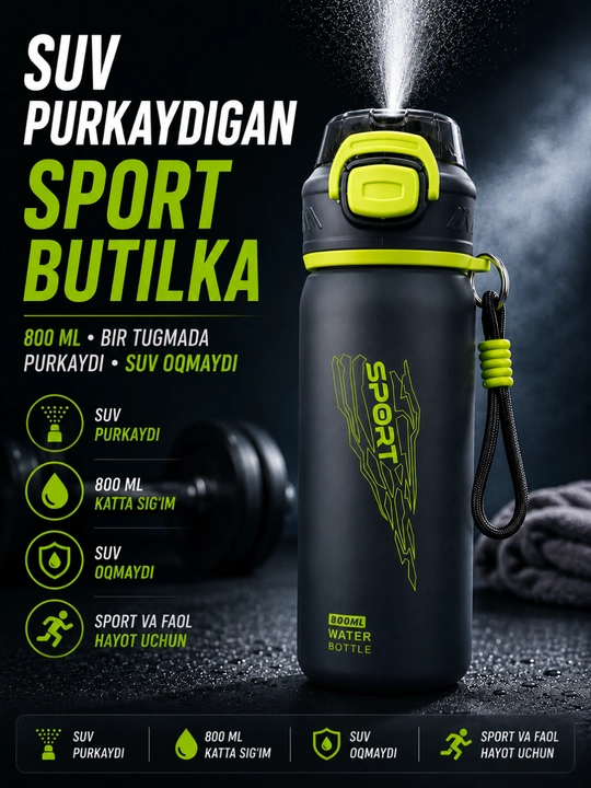 Sport suv idishi purkagichli 800 ml, fitnes butilka, suv idishlari