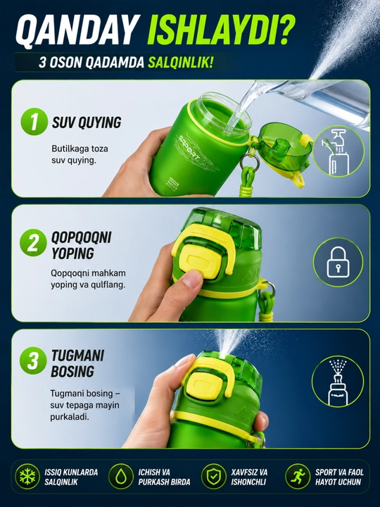Sport suv idishi purkagichli 800 ml, fitnes butilka, suv idishlari