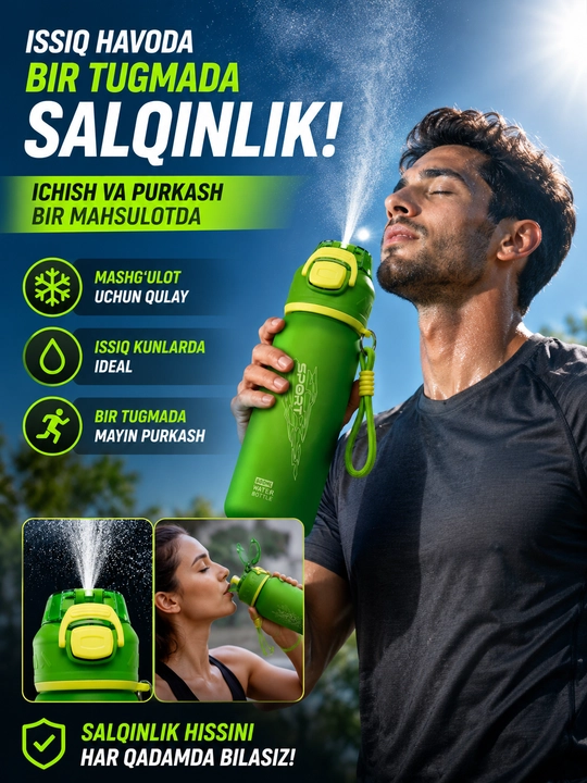Sport suv idishi purkagichli 800 ml, fitnes butilka, suv idishlari