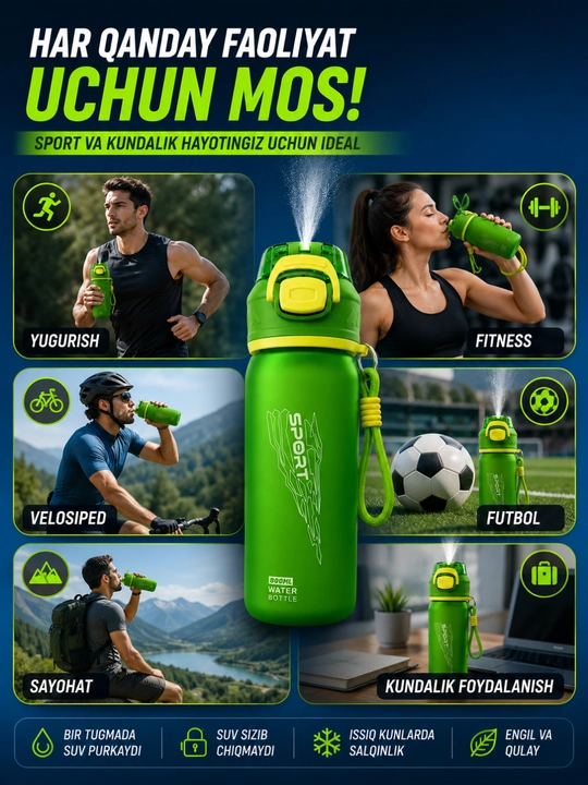 Sport suv idishi purkagichli 800 ml, fitnes butilka, suv idishlari