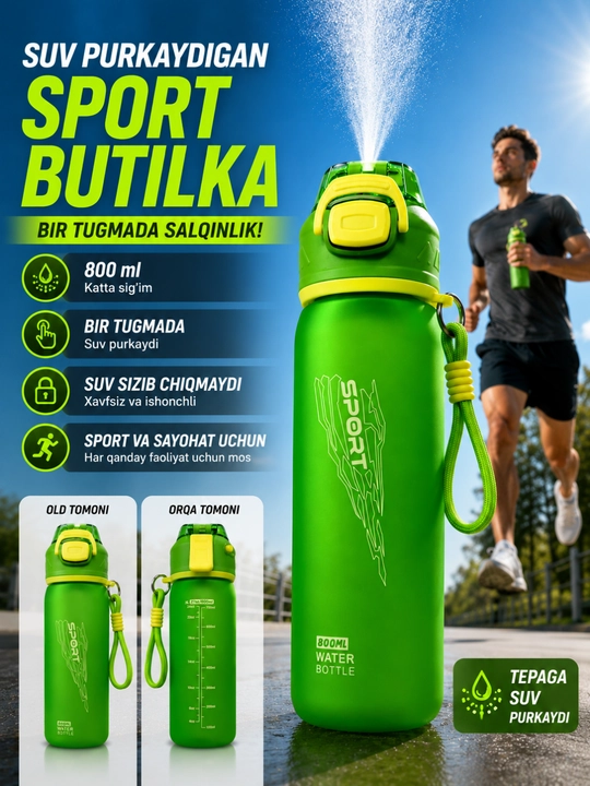 Sport suv idishi purkagichli 800 ml, fitnes butilka, suv idishlari