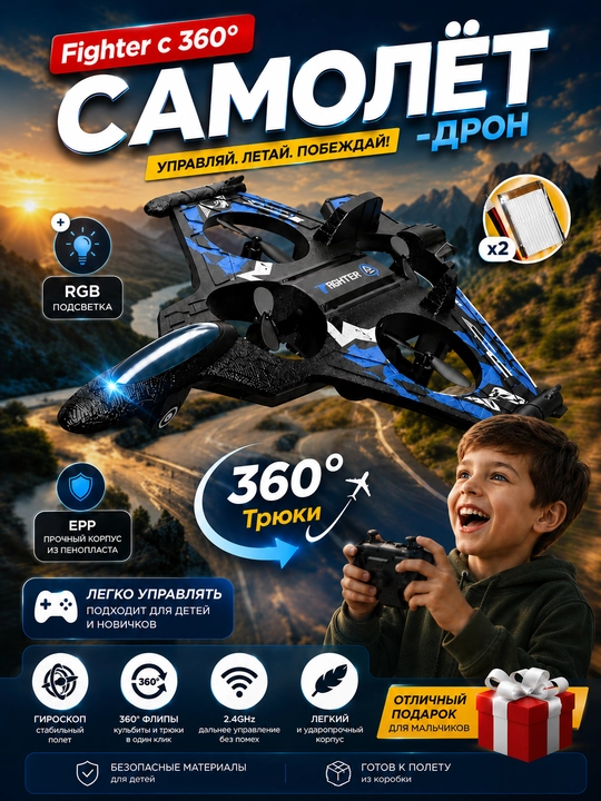 Дрон самолет Fighter 360° на радиоуправлении с LED подсветкой для детей - 