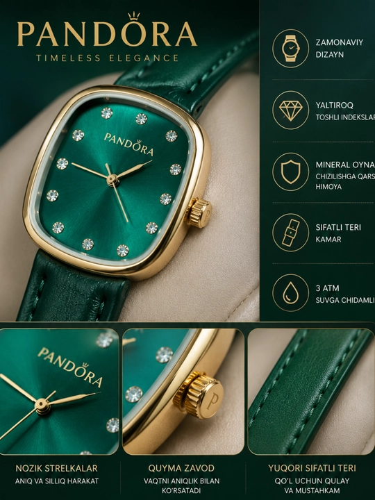 Ayollar qo'l soati Pandora uslubida, qora charm tasma, kvadrat korpus, zirkonli