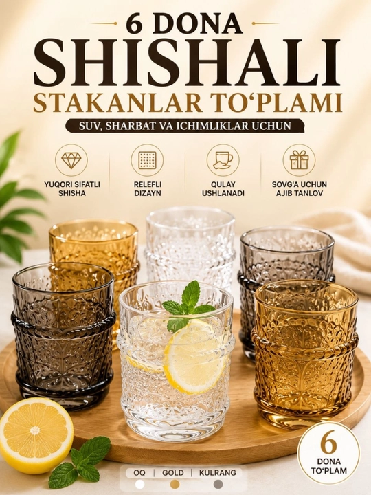 Shisha stakanlar (6 dona),suv,sharbat,kokteyllar uchun stakanlar,yengillashtiruvchi stakan