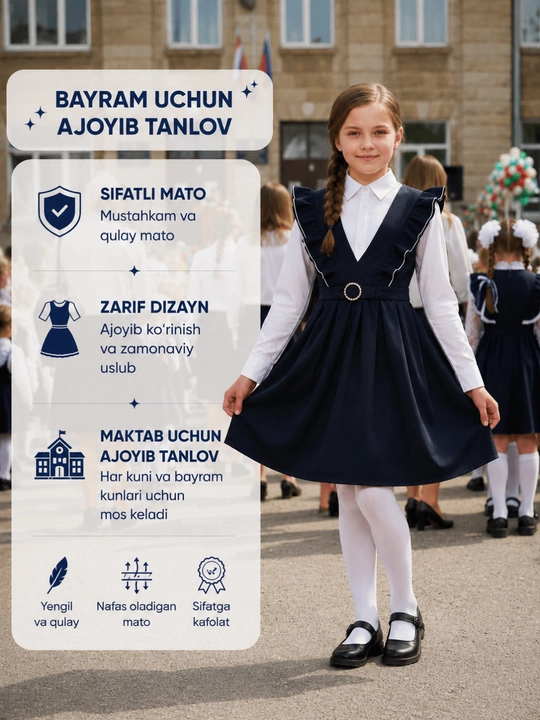 Qizlar sarafani maktab formasi, qulay va sifatli maktab sarafani