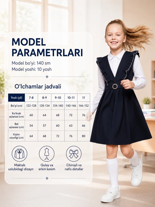 Qizlar sarafani maktab formasi, qulay va sifatli maktab sarafani