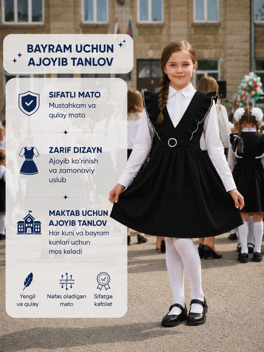 Qizlar sarafani maktab formasi, qulay va sifatli maktab sarafani