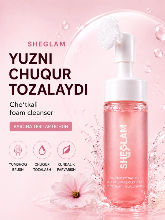 Пенка для умывания лица Sheglam, oчищающая, увлажняющая, с массажной щеткой