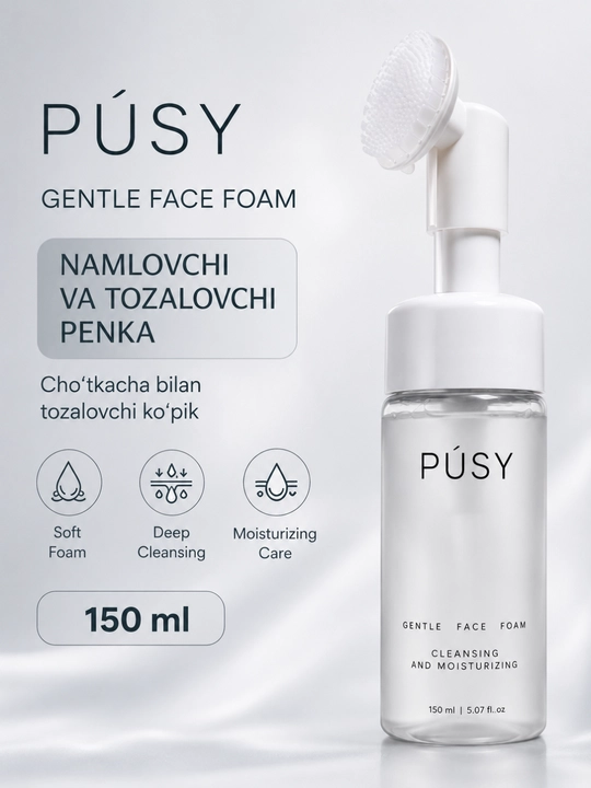 Пенка для умывания лица PUSY, oчищающая, увлажняющая, с массажной щеткой - 