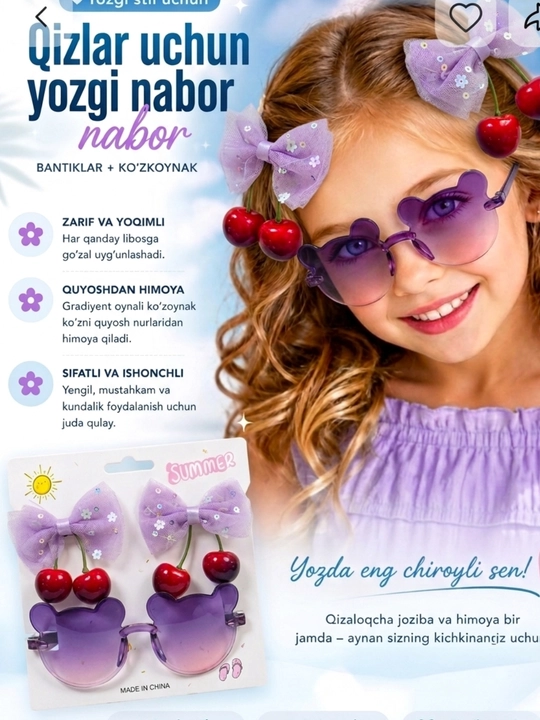 Qizlar uchun quyoshdan himoya qiluvchi ko‘zoynak va bantik nabori