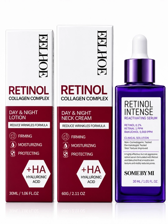 Retinol teri parvarishi to‘plami – Loson, Bo‘yin kremi va Serum, 3 dona - 
