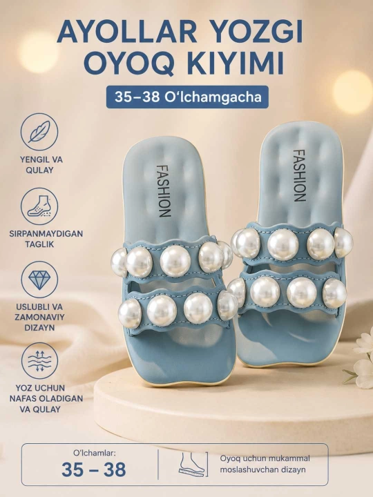 Yoz uchun gullar bilan bezatilgan yengil va nafis ayollar shippagi