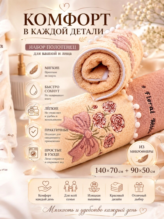 Набор полотенец банных и для лица: мягкое полотенце из микрофибры, комплект 2 шт