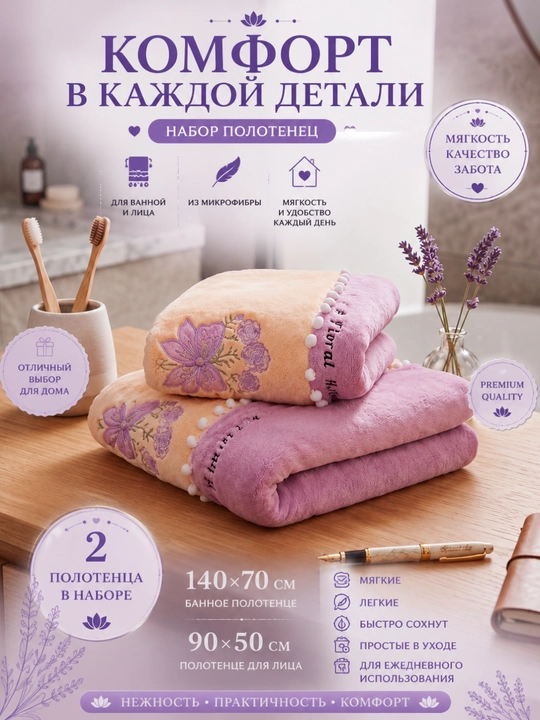 Набор полотенец банных и для лица: мягкое полотенце из микрофибры, комплект 2 шт