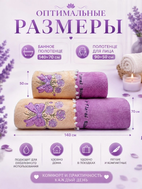Набор полотенец банных и для лица: мягкое полотенце из микрофибры, комплект 2 шт