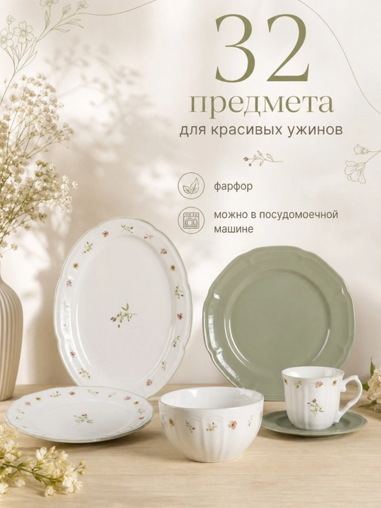 Набор посуды на 6 персон, 32 предмета, фарфор, в стиле Zara home - 