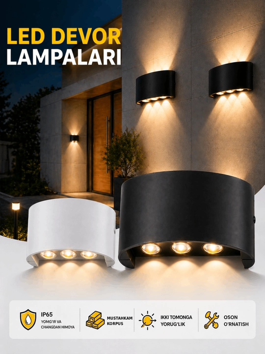 LED devor lampasi, tepaga va pastga yorug‘lik beruvchi, mustahkam korpus, oq / qora