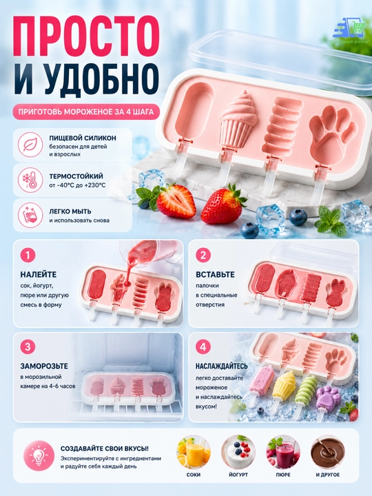 Форма для эскимо силиконовая с крышкой, 4 ячейки, 24×10×3 см для мороженого