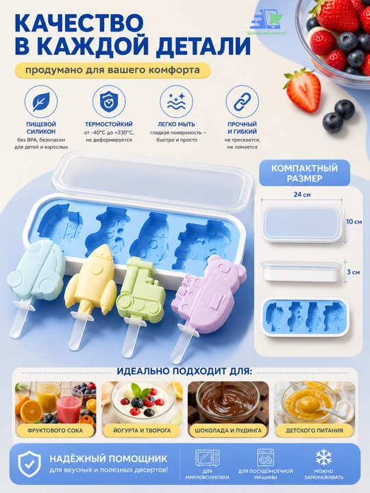 Форма для эскимо силиконовая с крышкой, 4 ячейки, 24×10×3 см для мороженого